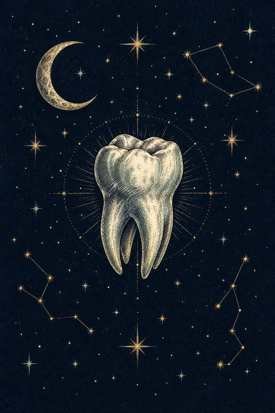 Engraved illustration of a molar floating among stars, a crescent moon, and gold constellations